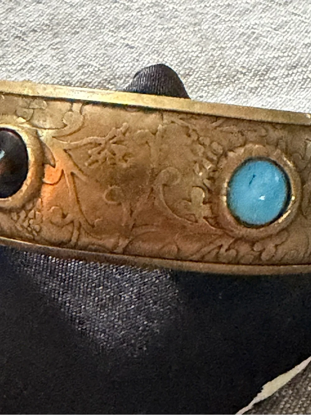 Vintage Brass Accent Bangle with Turquoise Inlay - Gold Finish